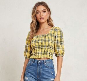 Rhea Smocked Puff Sleeve Crop Top L/XL Yellow Black White Plaid Tie Back 90s Y2K